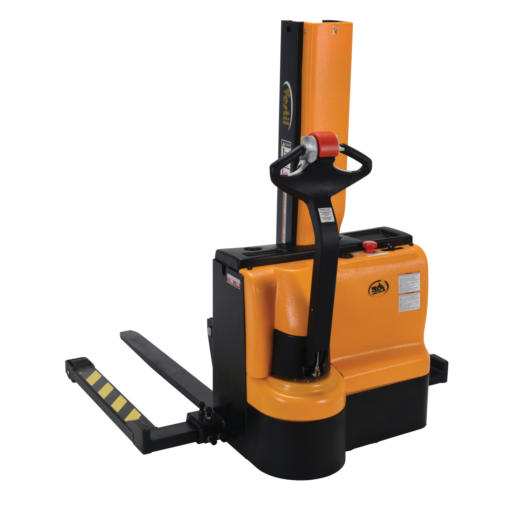 Vestil Steel Narrow Mast Stacker — DC Powered, 43in. Raised Height, Adjustable Forks and Support Legs, 3,000-Lb. Capacity, Black/Yellow, Model# SNM3-43-AA